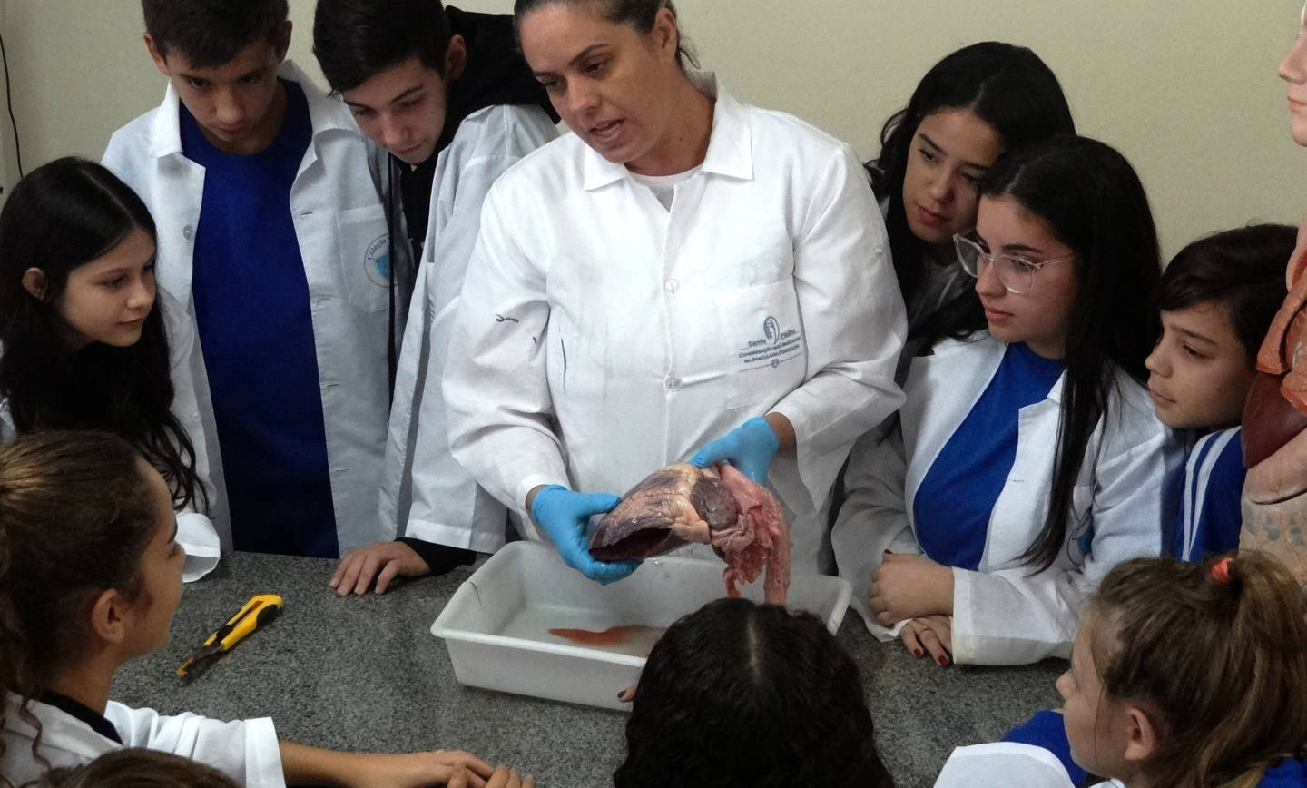 Estudantes observam coração bovino em aula no Laboratório de Biologia